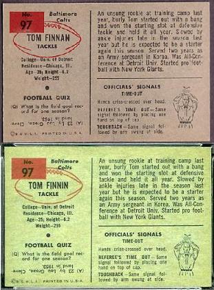 1954 Bowman Tom Finnin football card backs