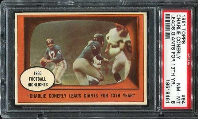 1961 Topps #94 - Charley Conerly Leads Giants for 13th Year - PSA 8