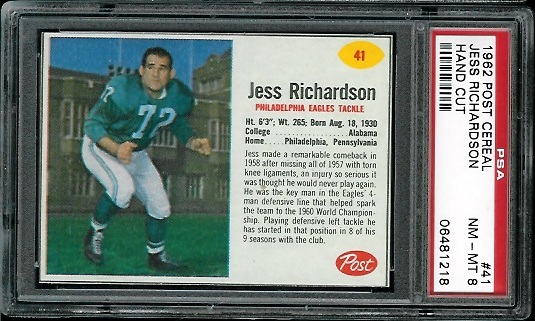 Jesse Richardson - 1962 Post Cereal #41 - PSA 8