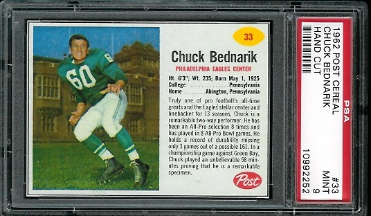 Chuck Bednarik - 1962 Post Cereal #33 - PSA 9