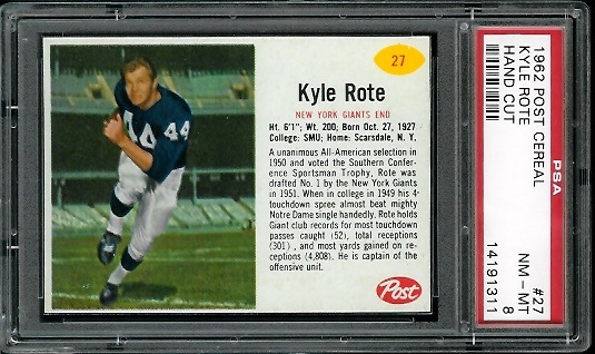 Kyle Rote - 1962 Post Cereal #27 - PSA 8