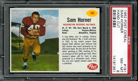 Sam Horner - 1962 Post Cereal #191 - PSA 8