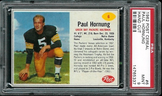 Paul Hornung - 1962 Post Cereal #6 - PSA 9