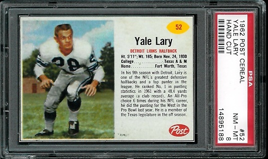 Yale Lary - 1962 Post Cereal #52 - PSA 8