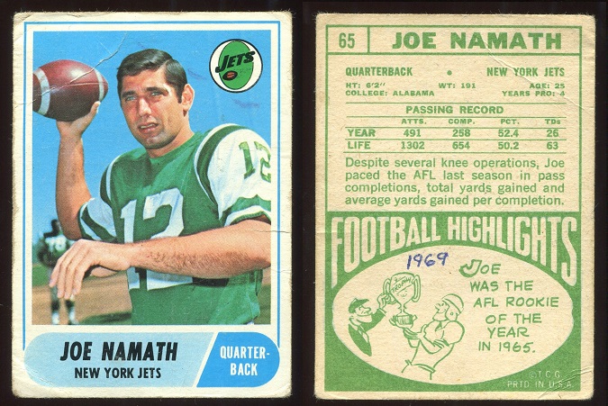 1968 Topps #65 - Joe Namath - poor