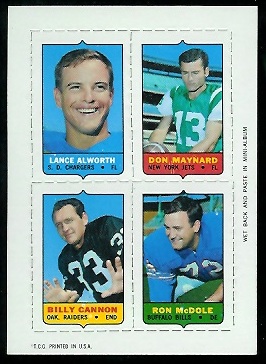 1969 Topps 4-in-1 #3 - Lance Alworth, Don Maynard, Billy Cannon, Ron McDole - nm