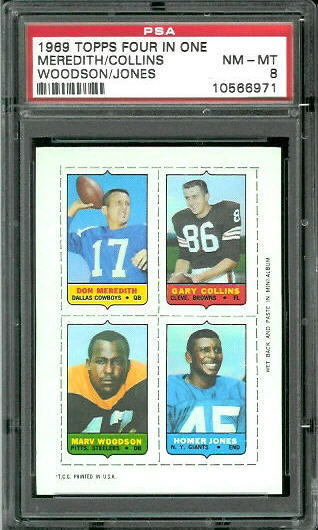Meredith - Collins - Woodson - Jones - Don Meredith - Gary Collins - Marv Woodson - Homer Jones - 1969 Topps 4-in-1 #37 - PSA 8