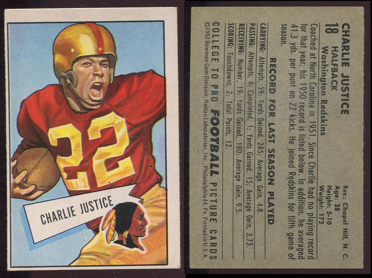 1952 Bowman Large #18 - Charlie Justice - vg-ex+