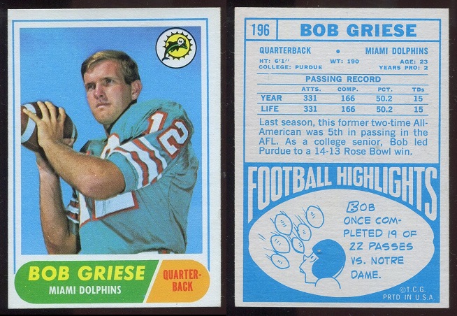 1968 Topps #196 - Bob Griese - ex