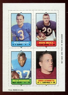 1969 Topps 4-in-1 #17 - Pete Gogolak, Ron Bull, Willie Richardson, Chuck LaTourette - nm+